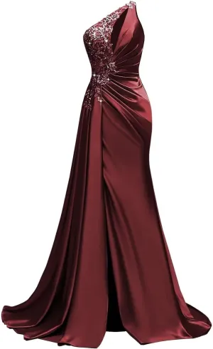 Womens One Shoulder Prom Dresses 2025 Elegant Mermaid Satin Ruched Formal Evening Dresses