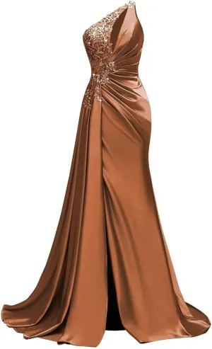 Womens One Shoulder Prom Dresses 2025 Elegant Mermaid Satin Ruched Formal Evening Dresses