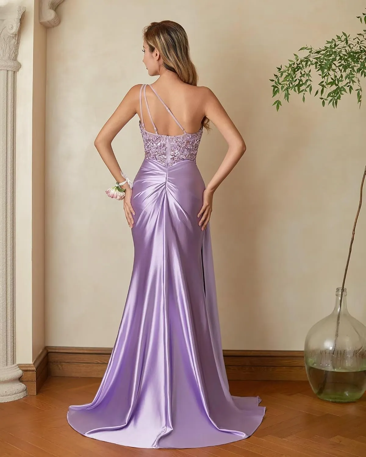Womens One Shoulder Prom Dresses 2025 Elegant Mermaid Satin Ruched Formal Evening Dresses