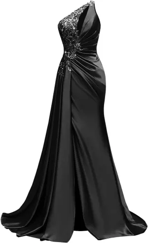 Womens One Shoulder Prom Dresses 2025 Elegant Mermaid Satin Ruched Formal Evening Dresses