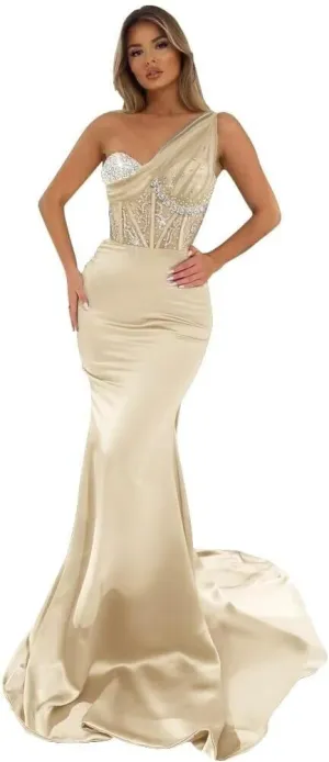 Women's One Shoulder Prom Dresses Satin Mermaid Formal Gown Sequin Beaded Evening Dress NG14