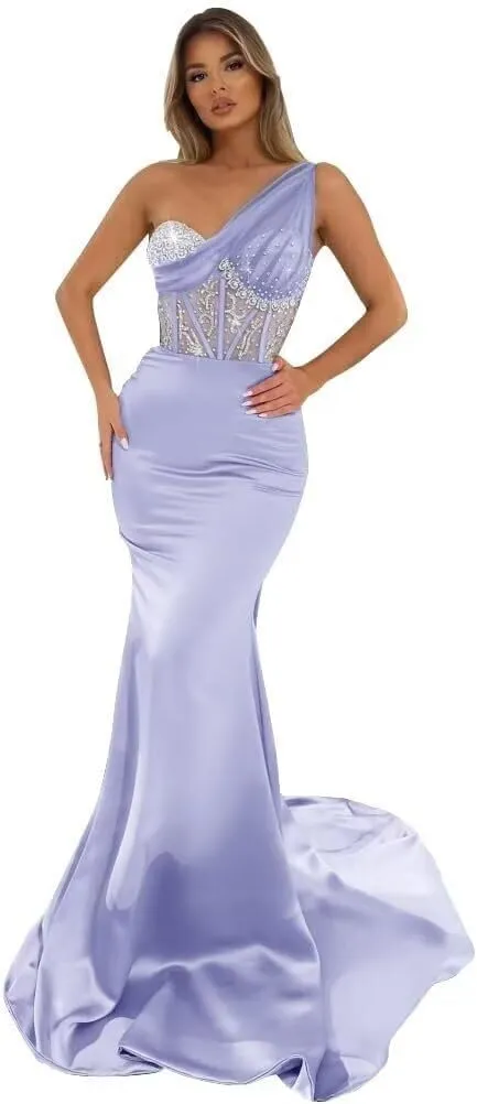 Women's One Shoulder Prom Dresses Satin Mermaid Formal Gown Sequin Beaded Evening Dress NG14