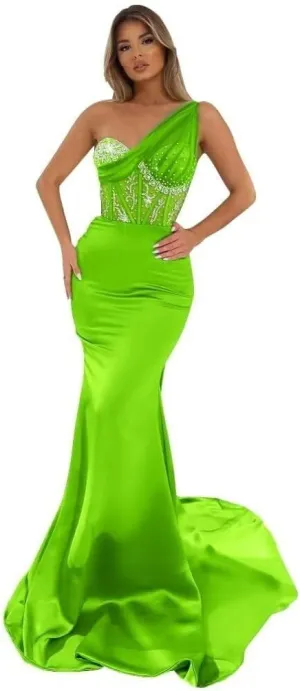 Women's One Shoulder Prom Dresses Satin Mermaid Formal Gown Sequin Beaded Evening Dress NG14