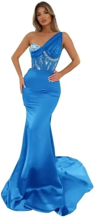 Women's One Shoulder Prom Dresses Satin Mermaid Formal Gown Sequin Beaded Evening Dress NG14