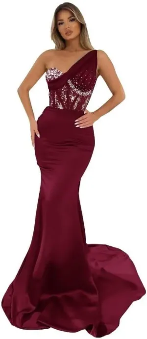 Women's One Shoulder Prom Dresses Satin Mermaid Formal Gown Sequin Beaded Evening Dress NG14
