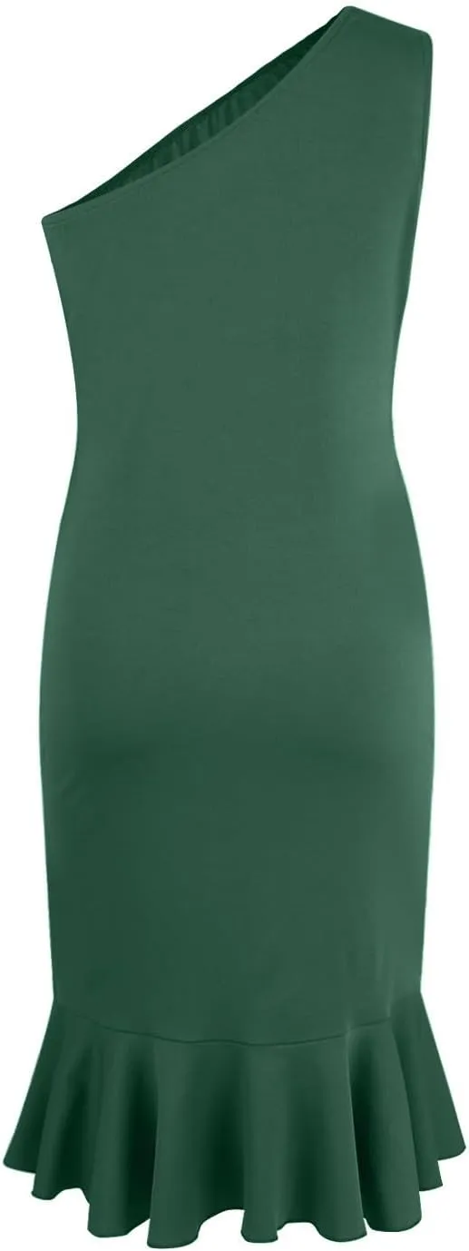 Womens One Shoulder Ruffle Formal Dress Sexy Summer Sleeveless Bodycon Ruched Wrap Split Cocktail Dresses