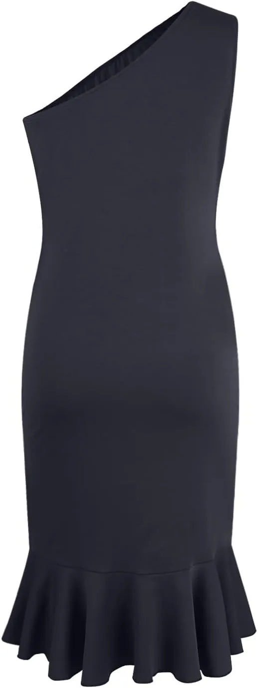 Womens One Shoulder Ruffle Formal Dress Sexy Summer Sleeveless Bodycon Ruched Wrap Split Cocktail Dresses