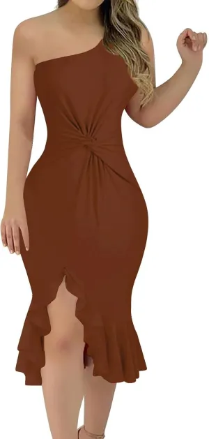 Womens One Shoulder Ruffle Formal Dress Sexy Summer Sleeveless Bodycon Ruched Wrap Split Cocktail Dresses