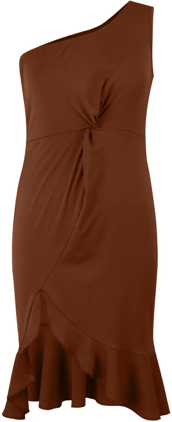 Womens One Shoulder Ruffle Formal Dress Sexy Summer Sleeveless Bodycon Ruched Wrap Split Cocktail Dresses