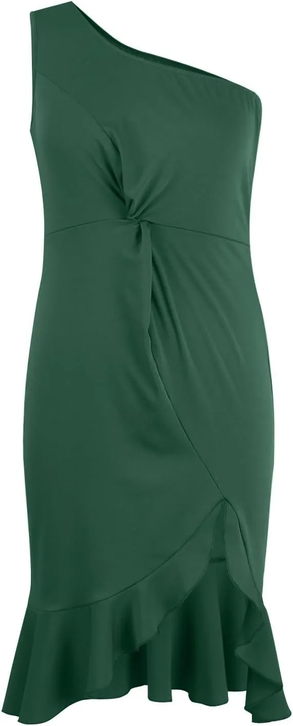 Womens One Shoulder Ruffle Formal Dress Sexy Summer Sleeveless Bodycon Ruched Wrap Split Cocktail Dresses