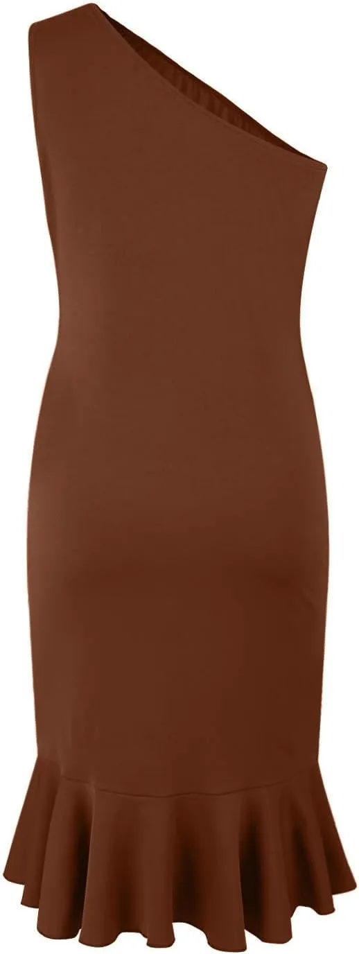 Womens One Shoulder Ruffle Formal Dress Sexy Summer Sleeveless Bodycon Ruched Wrap Split Cocktail Dresses