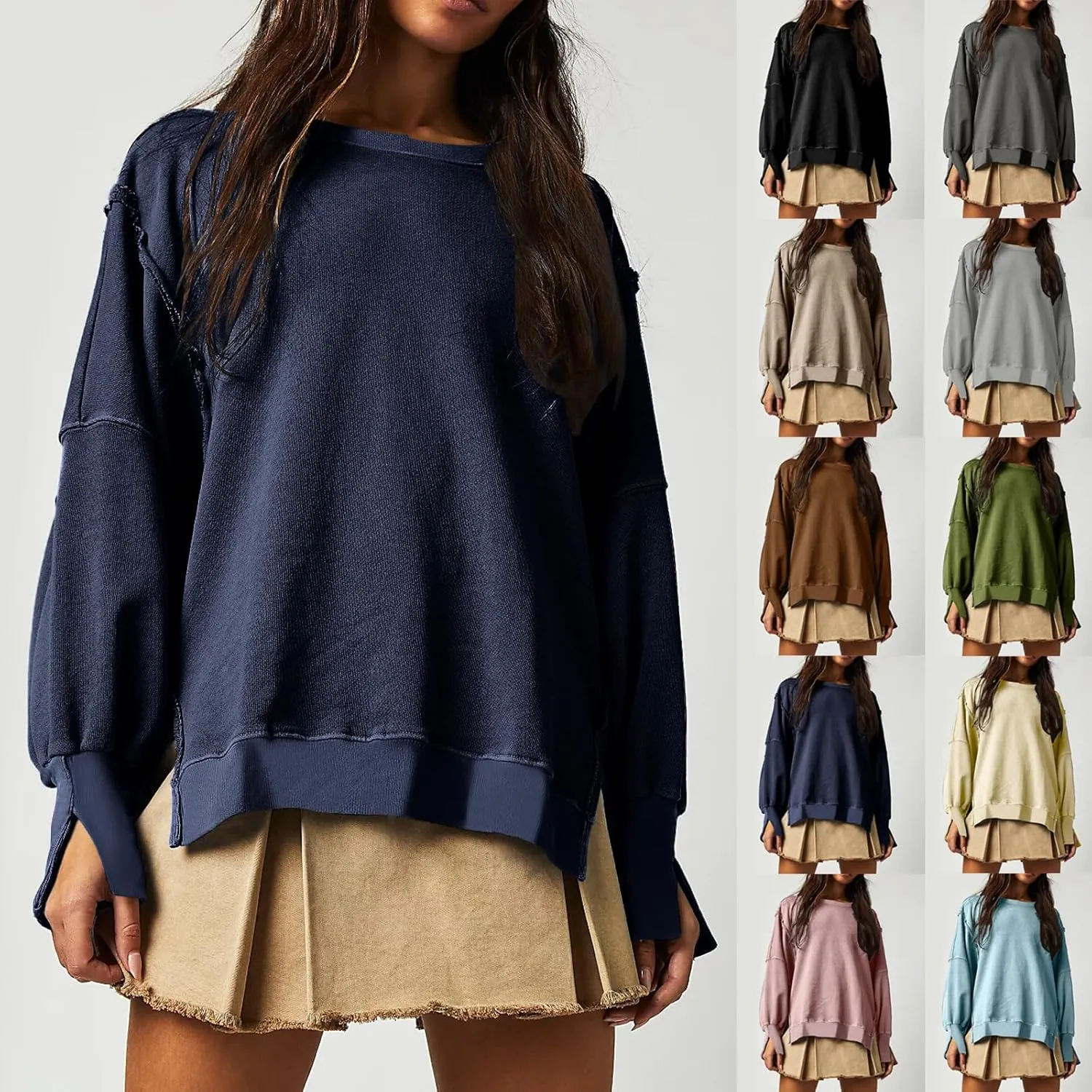Women's Oversized Sweatshirt Side Slit Slouchy Pullover Long Sleeve Fleece Crewneck Sweatshirts Fall Winter Clothes