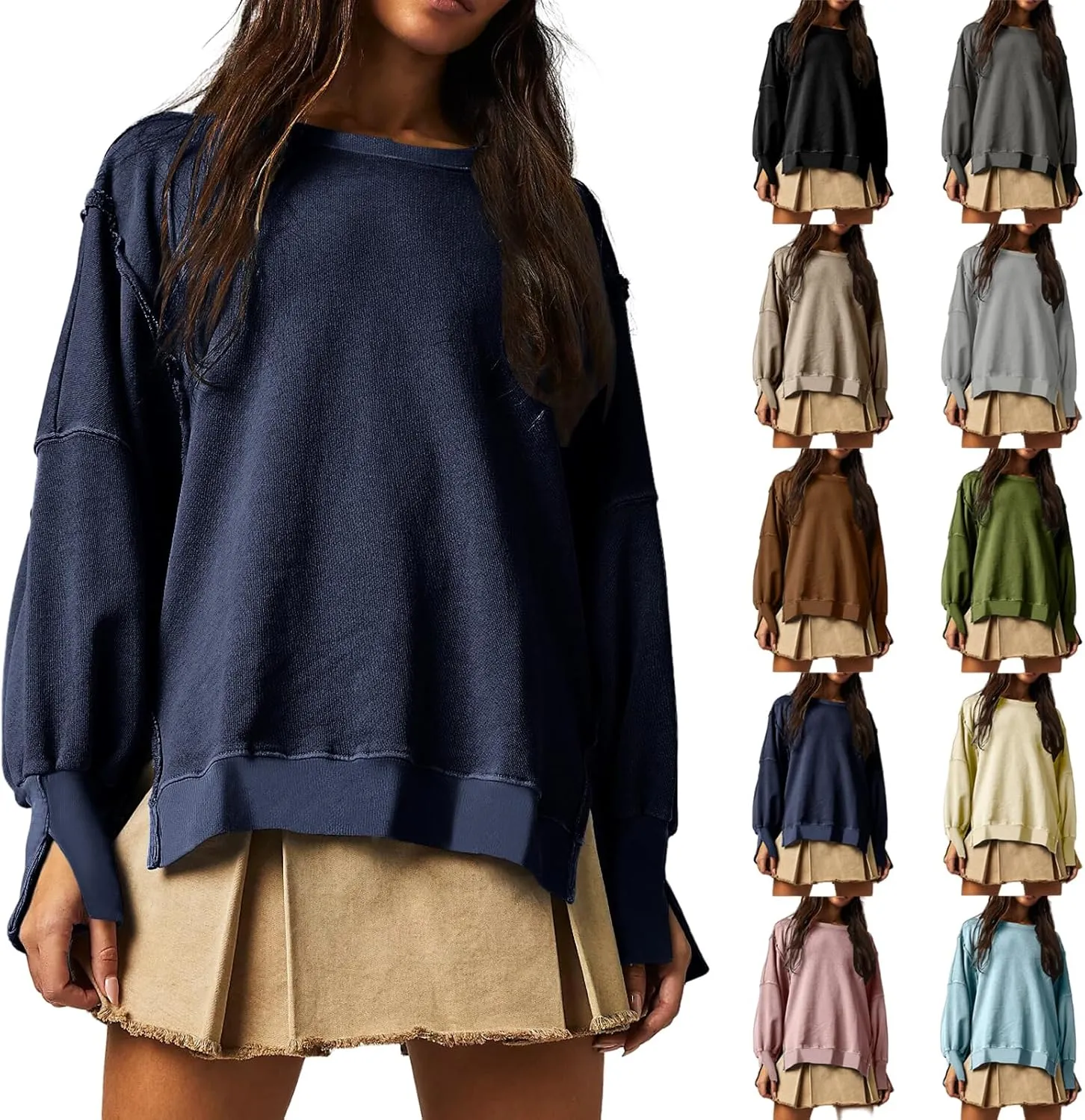 Women's Oversized Sweatshirt Side Slit Slouchy Pullover Long Sleeve Fleece Crewneck Sweatshirts Fall Winter Clothes