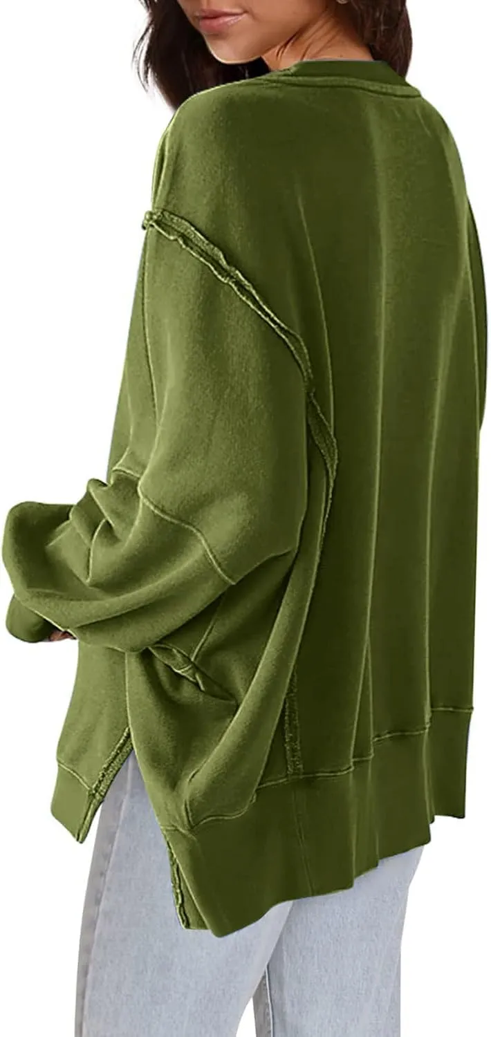 Women's Oversized Sweatshirt Side Slit Slouchy Pullover Long Sleeve Fleece Crewneck Sweatshirts Fall Winter Clothes