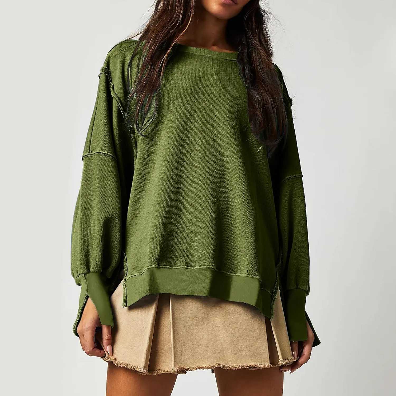 Women's Oversized Sweatshirt Side Slit Slouchy Pullover Long Sleeve Fleece Crewneck Sweatshirts Fall Winter Clothes