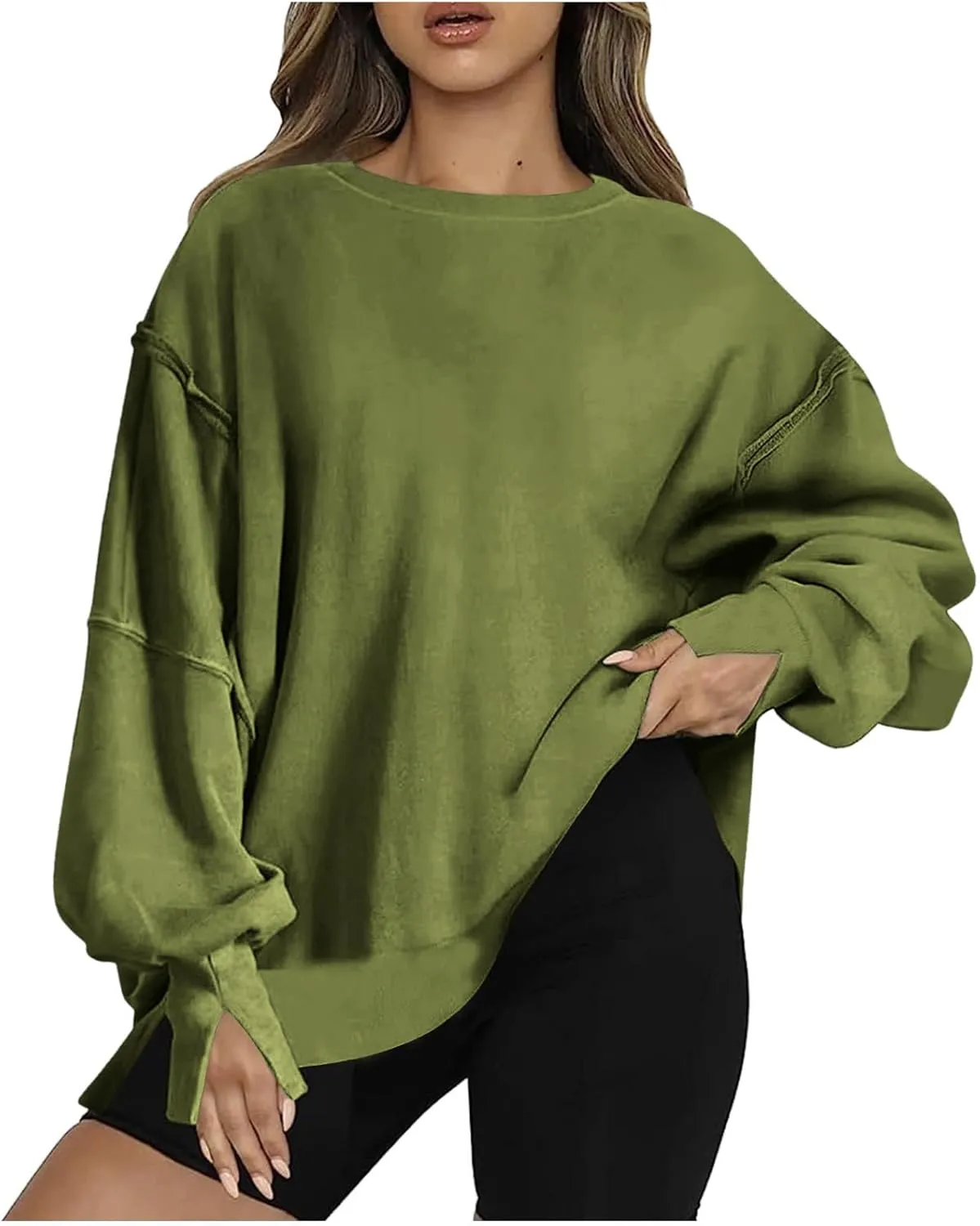 Women's Oversized Sweatshirt Side Slit Slouchy Pullover Long Sleeve Fleece Crewneck Sweatshirts Fall Winter Clothes