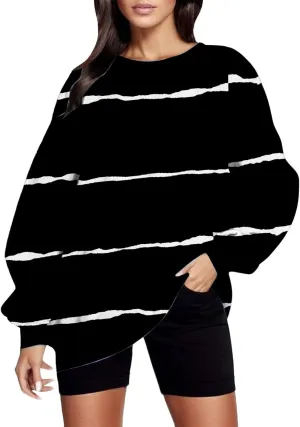 Womens Oversized Sweatshirts Striped Color Block Loose Pullover Workout Hoodies Fall Long Sleeve Round Neck Comfy Tops