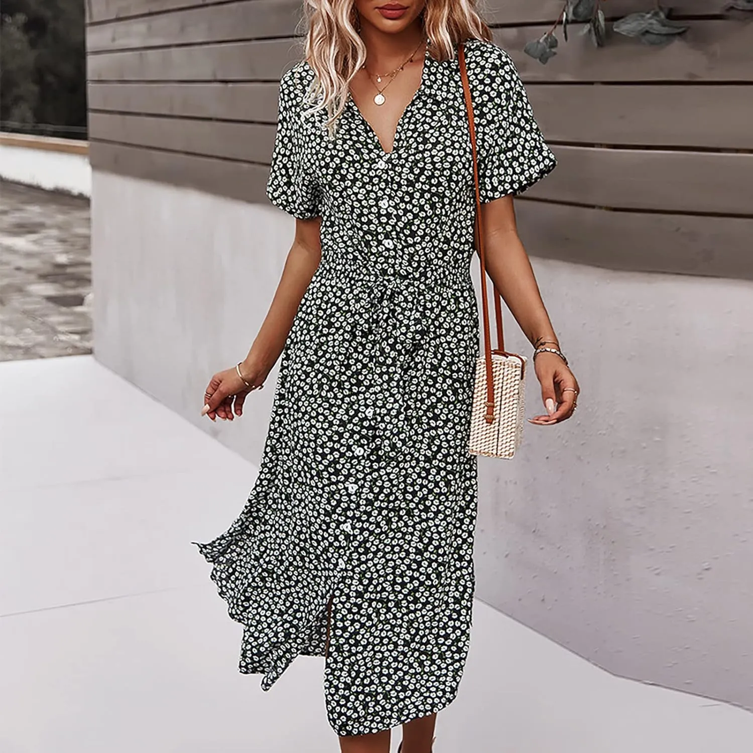 Women's Paisley Dress Short Sleeve Floral Maxi Long Dress Boho Flowy Casual Dresses