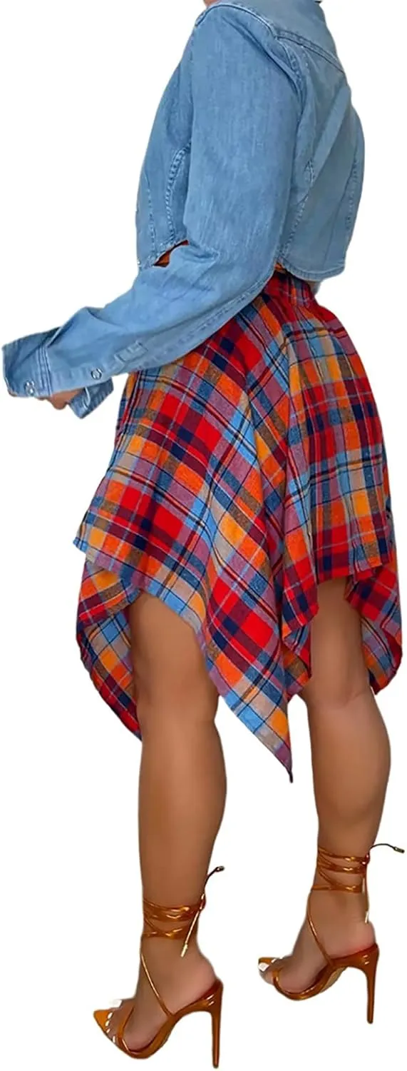 Womens Plaid Skirts Elastic High Waist Tie Front Asymmetrical Hem Pleated Mini Skirt