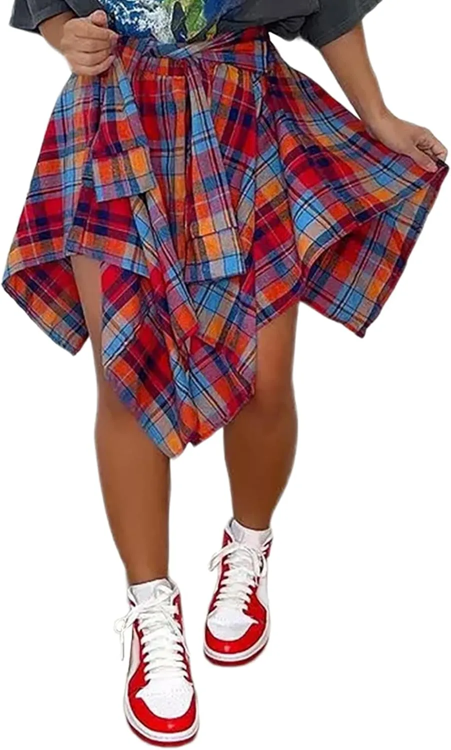 Womens Plaid Skirts Elastic High Waist Tie Front Asymmetrical Hem Pleated Mini Skirt