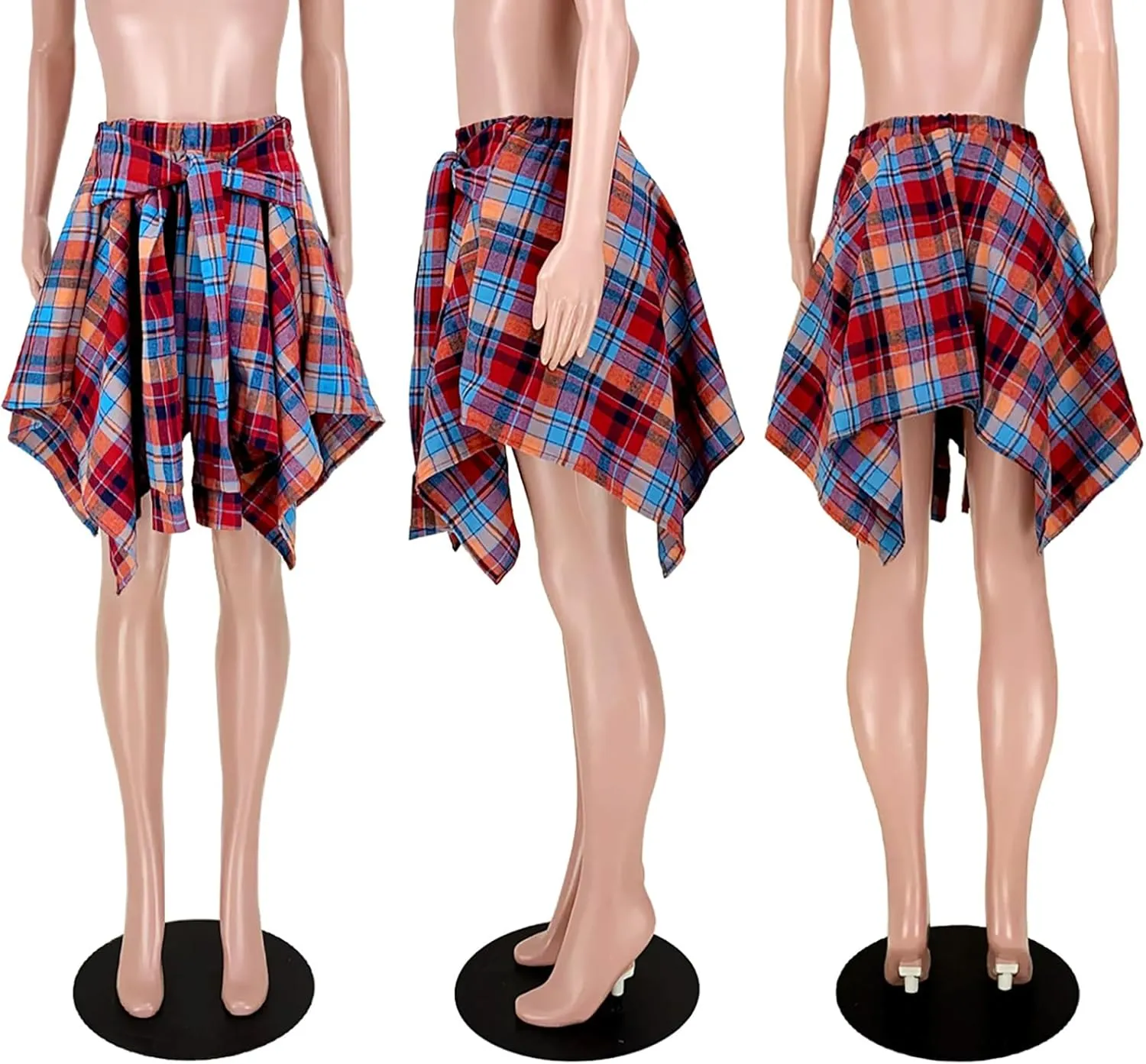 Womens Plaid Skirts Elastic High Waist Tie Front Asymmetrical Hem Pleated Mini Skirt