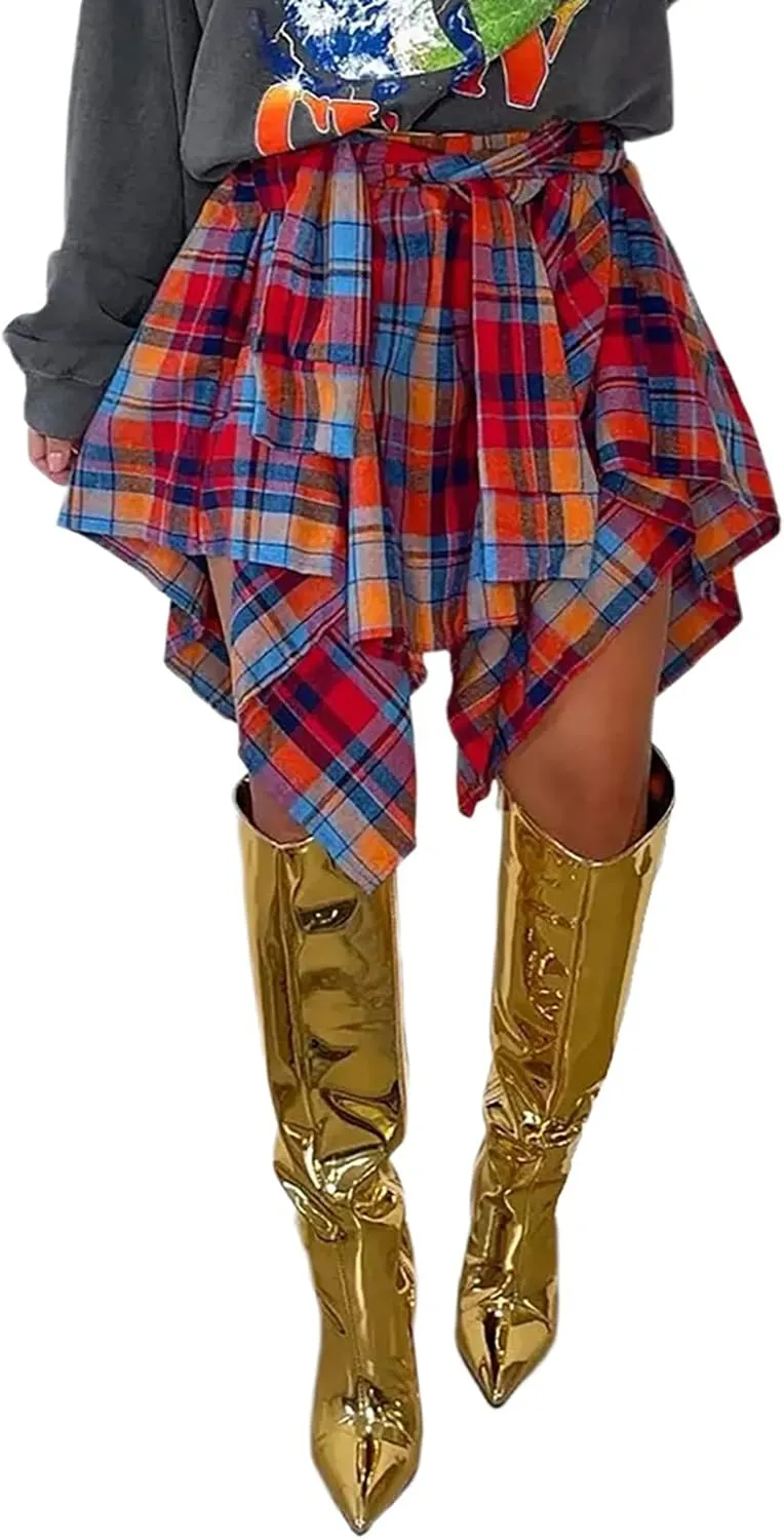 Womens Plaid Skirts Elastic High Waist Tie Front Asymmetrical Hem Pleated Mini Skirt
