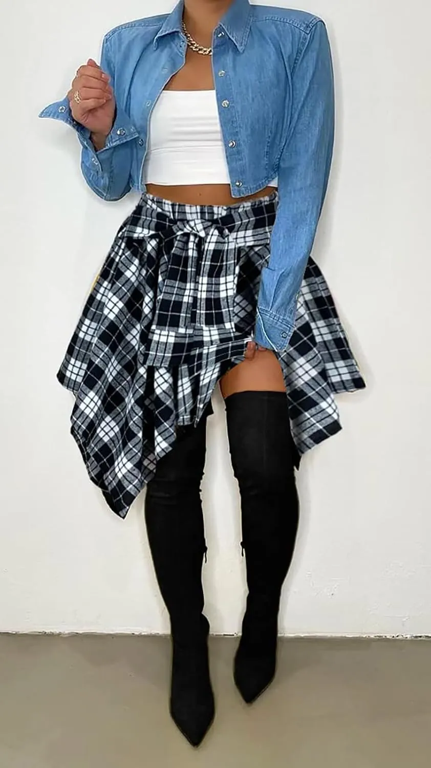 Womens Plaid Skirts Elastic High Waist Tie Front Asymmetrical Hem Pleated Mini Skirt
