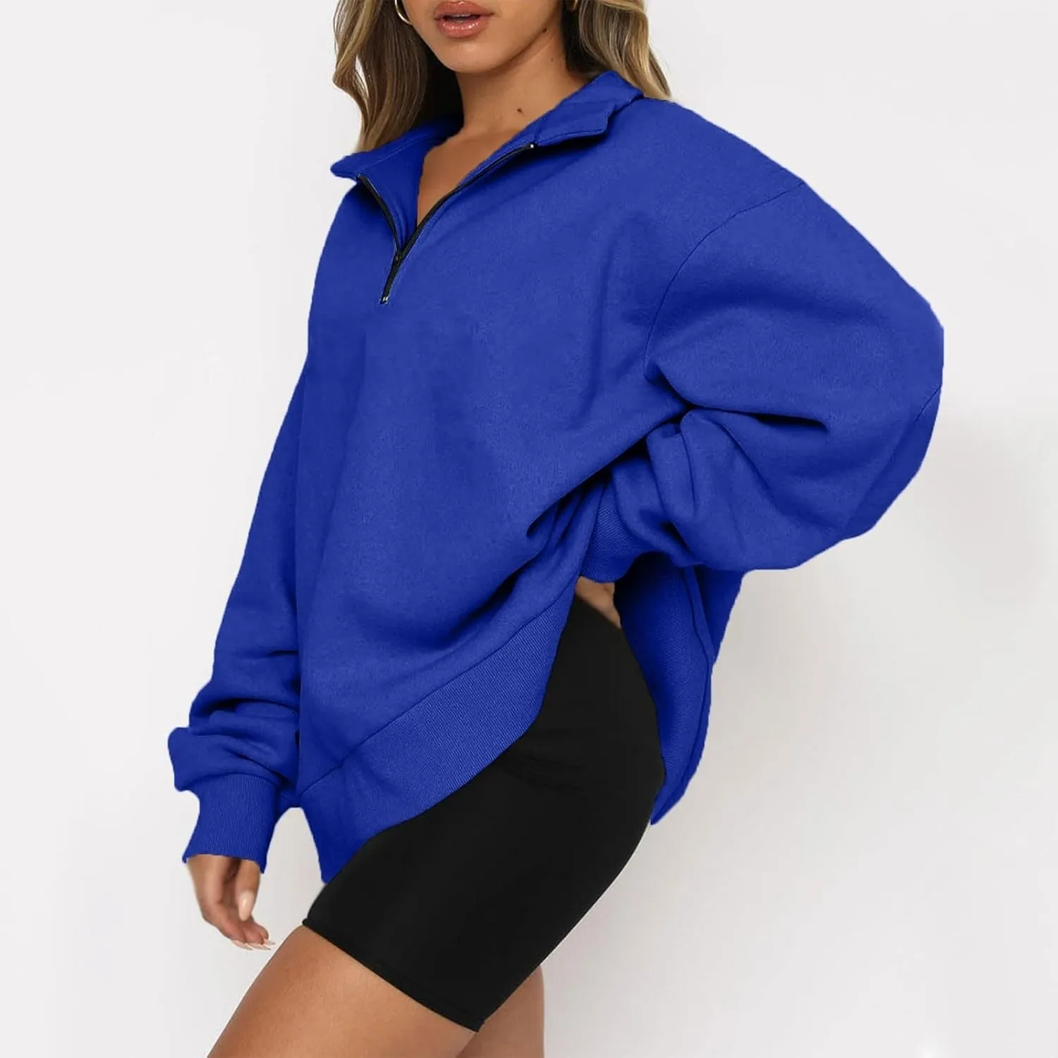 Womens Quarter Zip Pullover Loose Collared Oversized Sweatshirt Preppy Long Sleeve Fleece Hoodie Sweater for Teen Girl