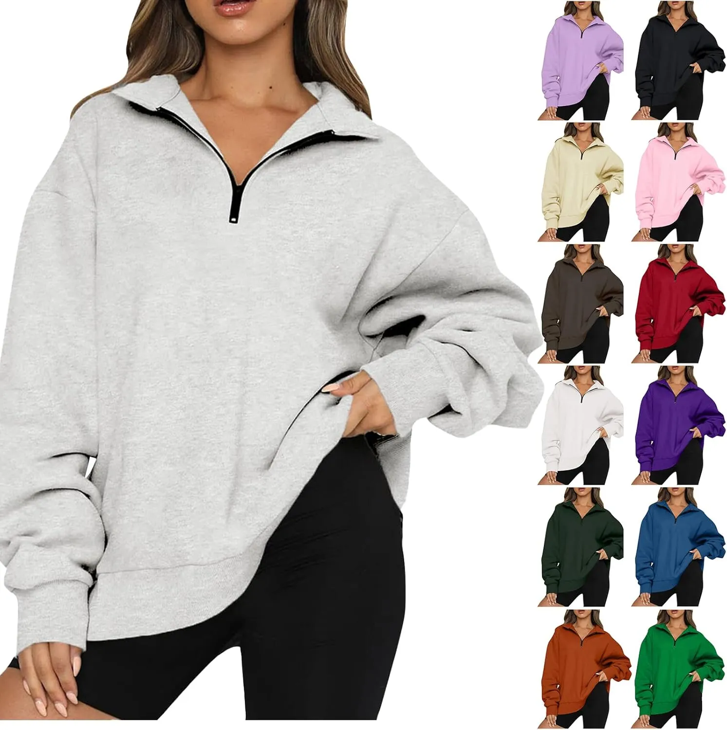 Womens Quarter Zip Pullover Loose Collared Oversized Sweatshirt Preppy Long Sleeve Fleece Hoodie Sweater for Teen Girl