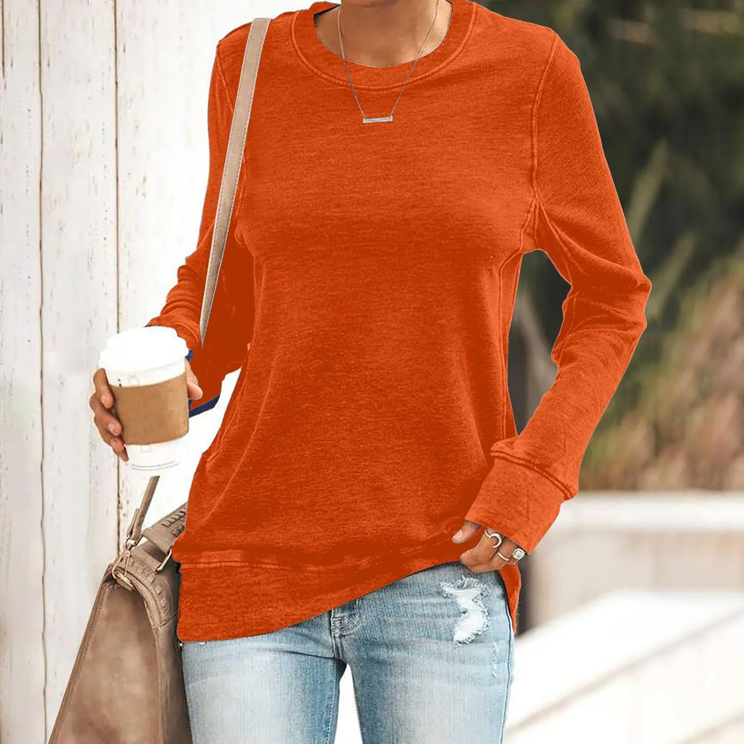 Women's Regular Fit Sweatshirts Fall Casual Loose Solid Color Long Sleeve Crewneck Tops Lightweight Workout Pullovers