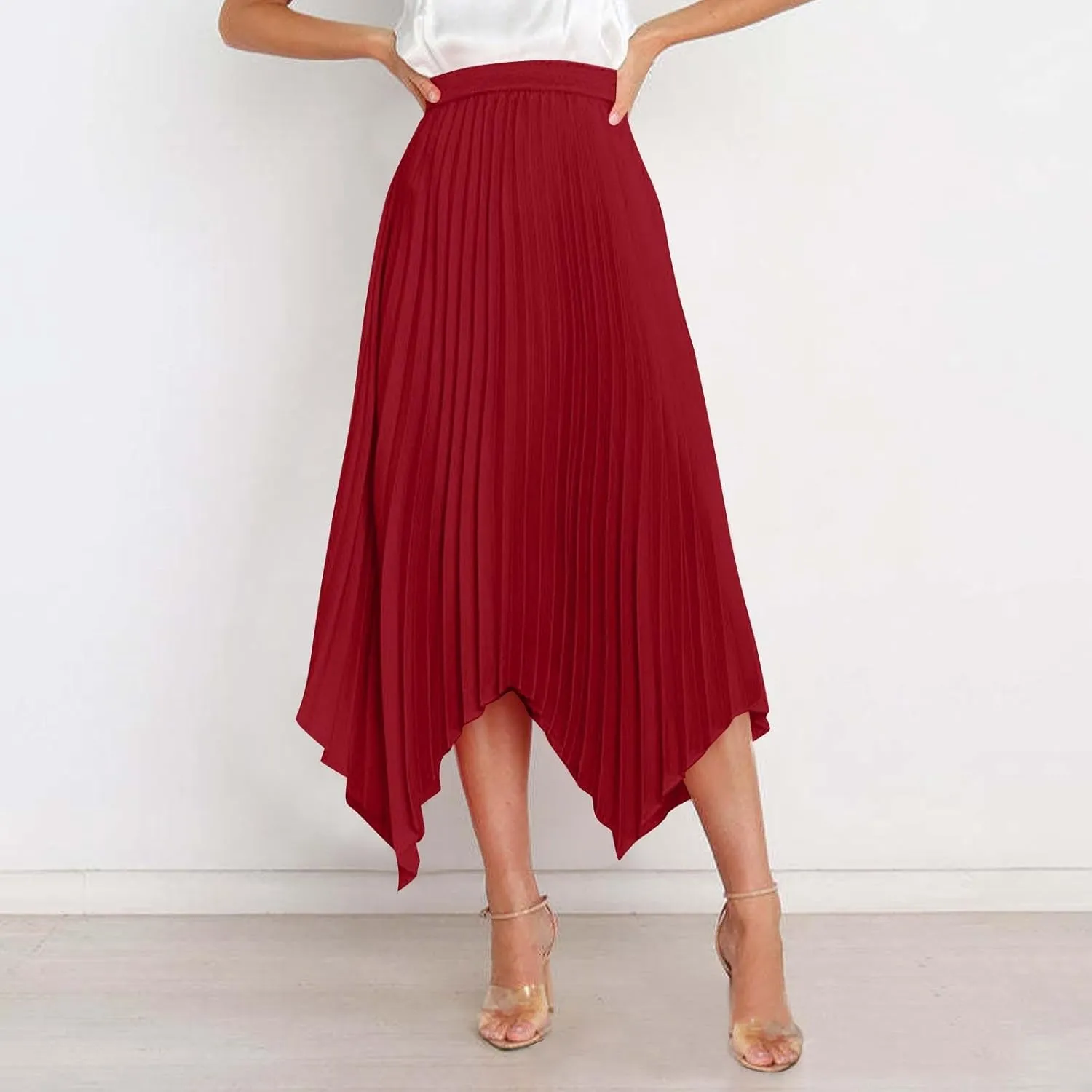 Womens Satin Midi Skirt Elegant Flowy Ruffle High Waist Silk Summer Casual Dressy Irregular Hem High Low Skirts