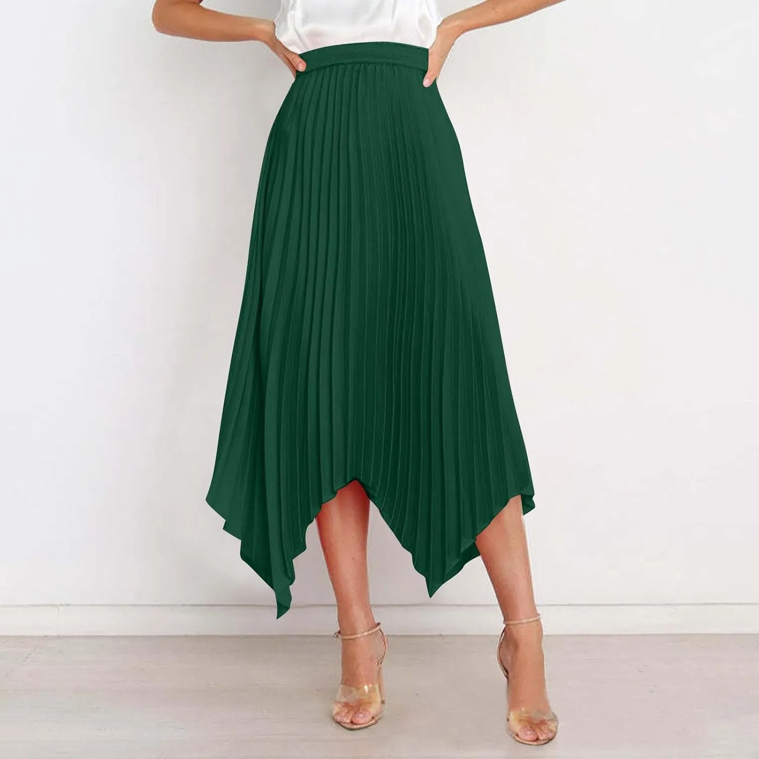 Womens Satin Midi Skirt Elegant Flowy Ruffle High Waist Silk Summer Casual Dressy Irregular Hem High Low Skirts