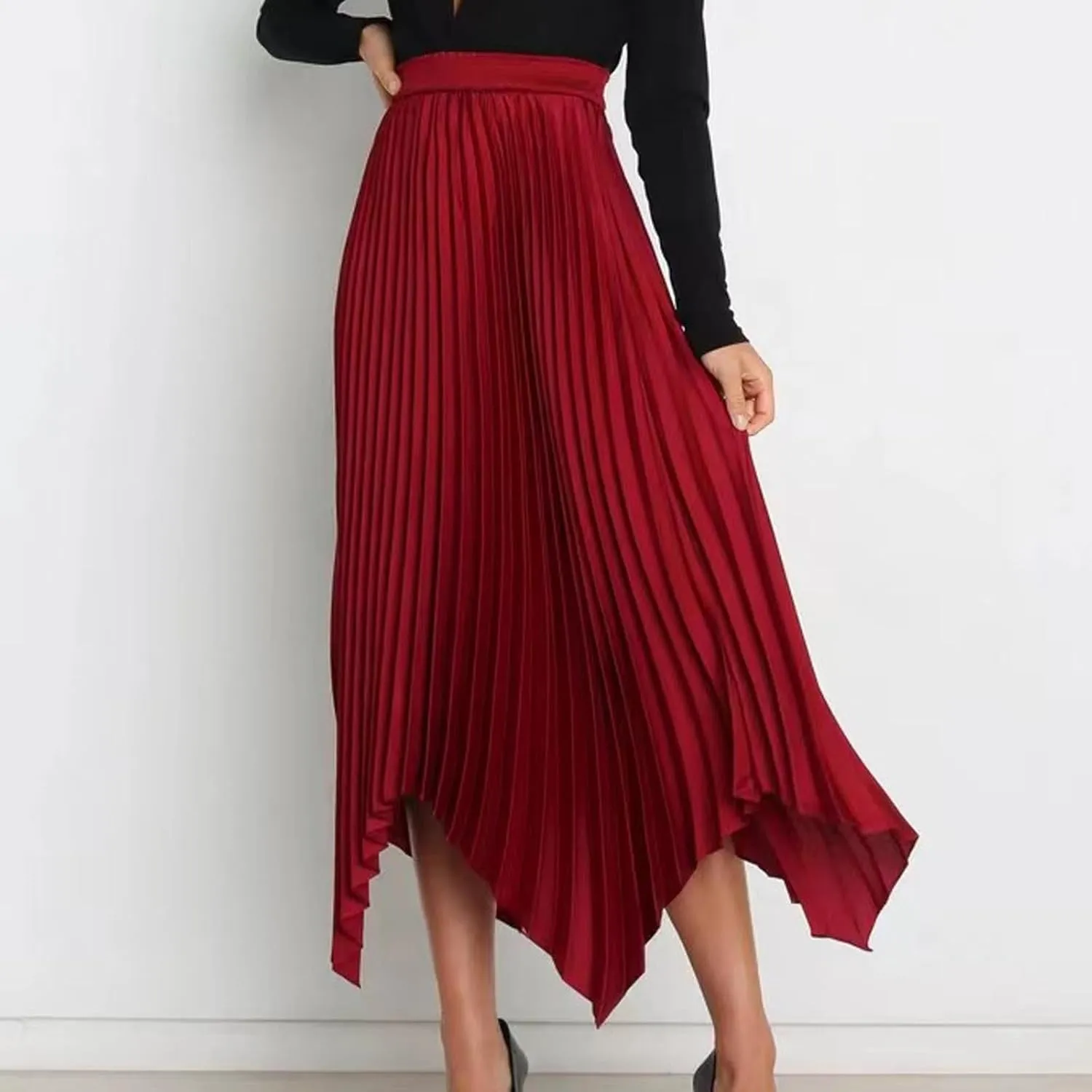 Womens Satin Midi Skirt Elegant Flowy Ruffle High Waist Silk Summer Casual Dressy Irregular Hem High Low Skirts