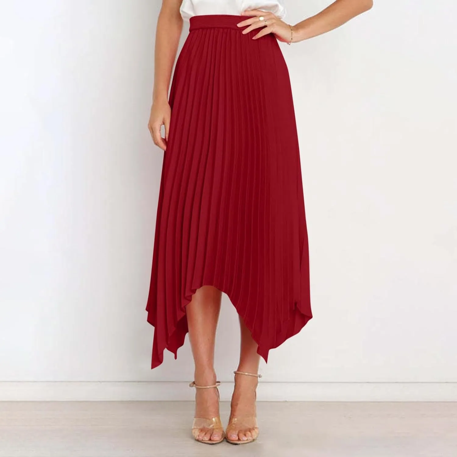 Womens Satin Midi Skirt Elegant Flowy Ruffle High Waist Silk Summer Casual Dressy Irregular Hem High Low Skirts
