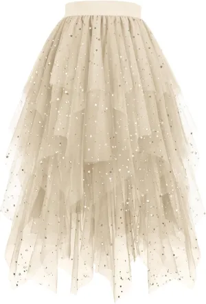 Women's Sequin Mesh Tulle Skirts High Low Layered A-line Skirt Midi Length Irregular Tutu Skirt for Women 2025