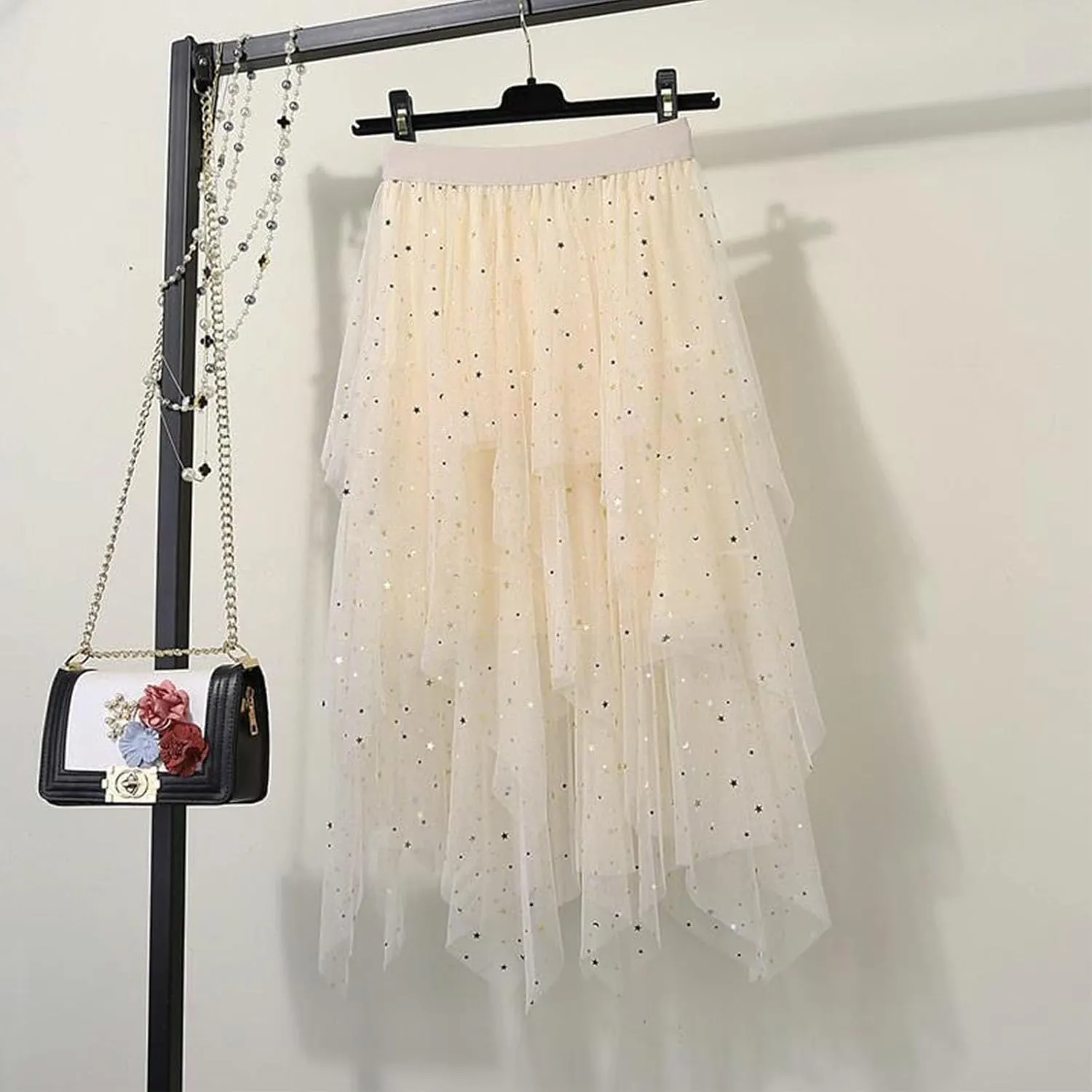 Women's Sequin Mesh Tulle Skirts High Low Layered A-line Skirt Midi Length Irregular Tutu Skirt for Women 2025