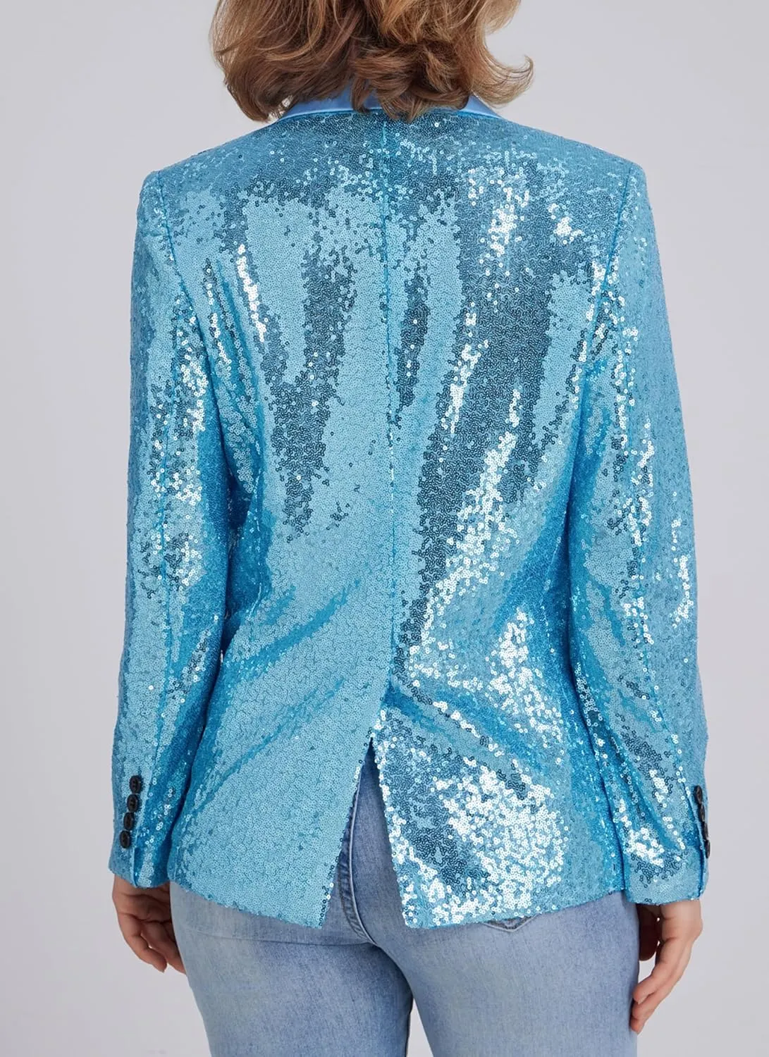 Women's Sequin Suit Jacket Open Front One Button Long Sleeve Blazers Party Sparkly Cardigan Coat with Pockets