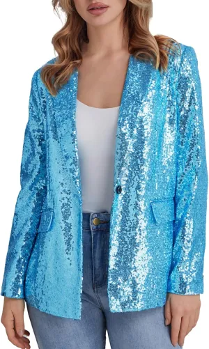 Women's Sequin Suit Jacket Open Front One Button Long Sleeve Blazers Party Sparkly Cardigan Coat with Pockets
