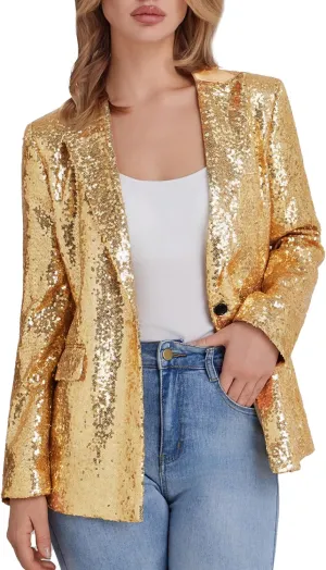 Women's Sequin Suit Jacket Open Front One Button Long Sleeve Blazers Party Sparkly Cardigan Coat with Pockets
