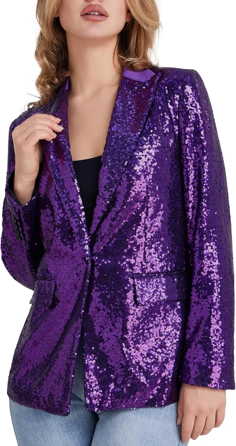 Women's Sequin Suit Jacket Open Front One Button Long Sleeve Blazers Party Sparkly Cardigan Coat with Pockets
