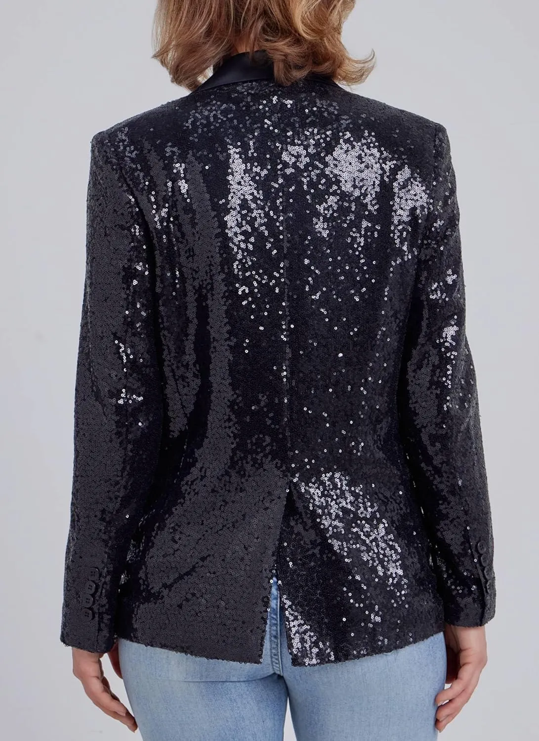 Women's Sequin Suit Jacket Open Front One Button Long Sleeve Blazers Party Sparkly Cardigan Coat with Pockets