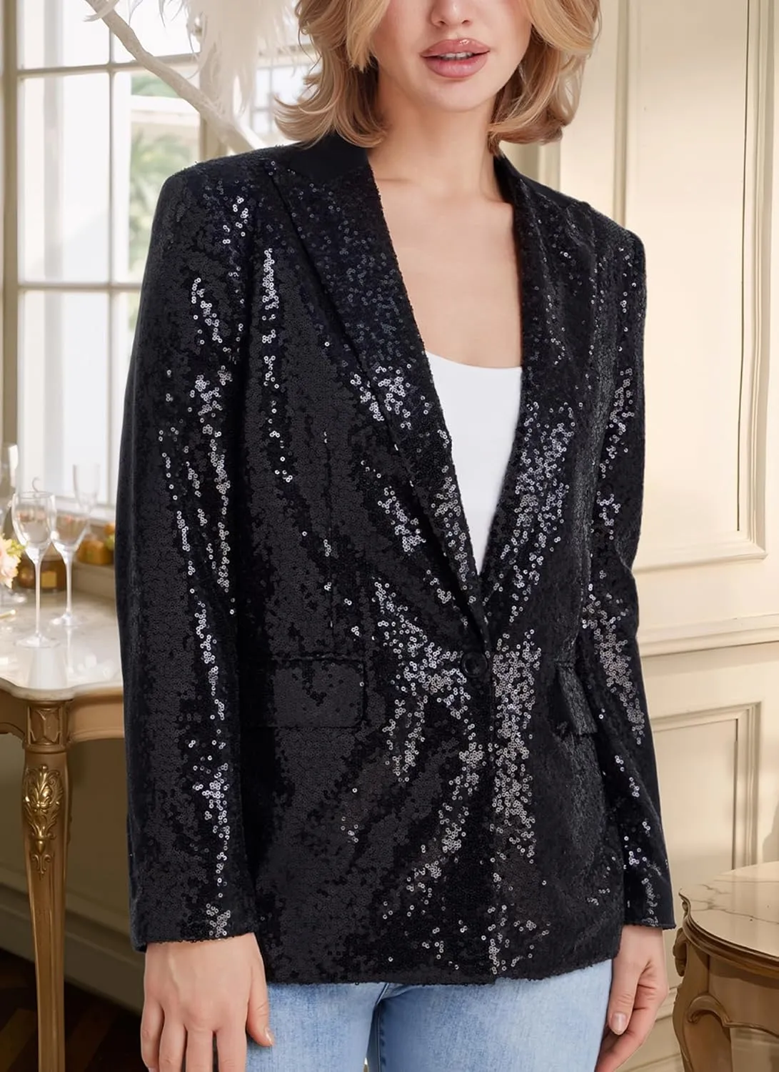 Women's Sequin Suit Jacket Open Front One Button Long Sleeve Blazers Party Sparkly Cardigan Coat with Pockets