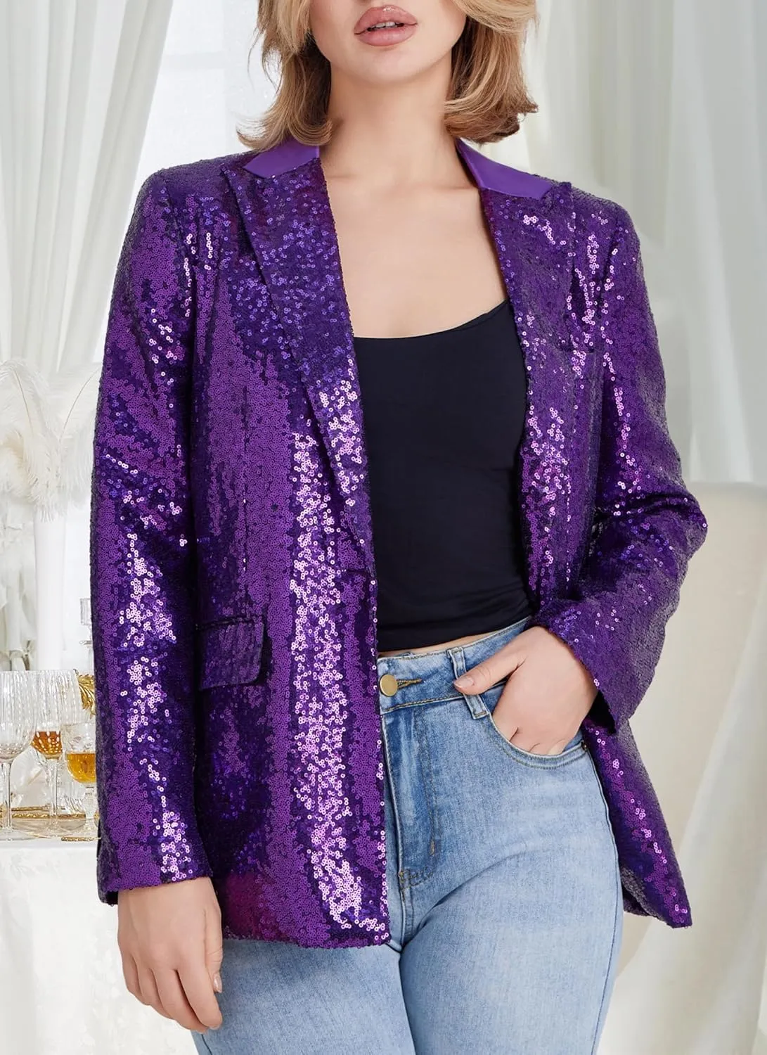 Women's Sequin Suit Jacket Open Front One Button Long Sleeve Blazers Party Sparkly Cardigan Coat with Pockets
