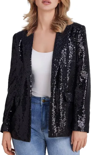 Women's Sequin Suit Jacket Open Front One Button Long Sleeve Blazers Party Sparkly Cardigan Coat with Pockets