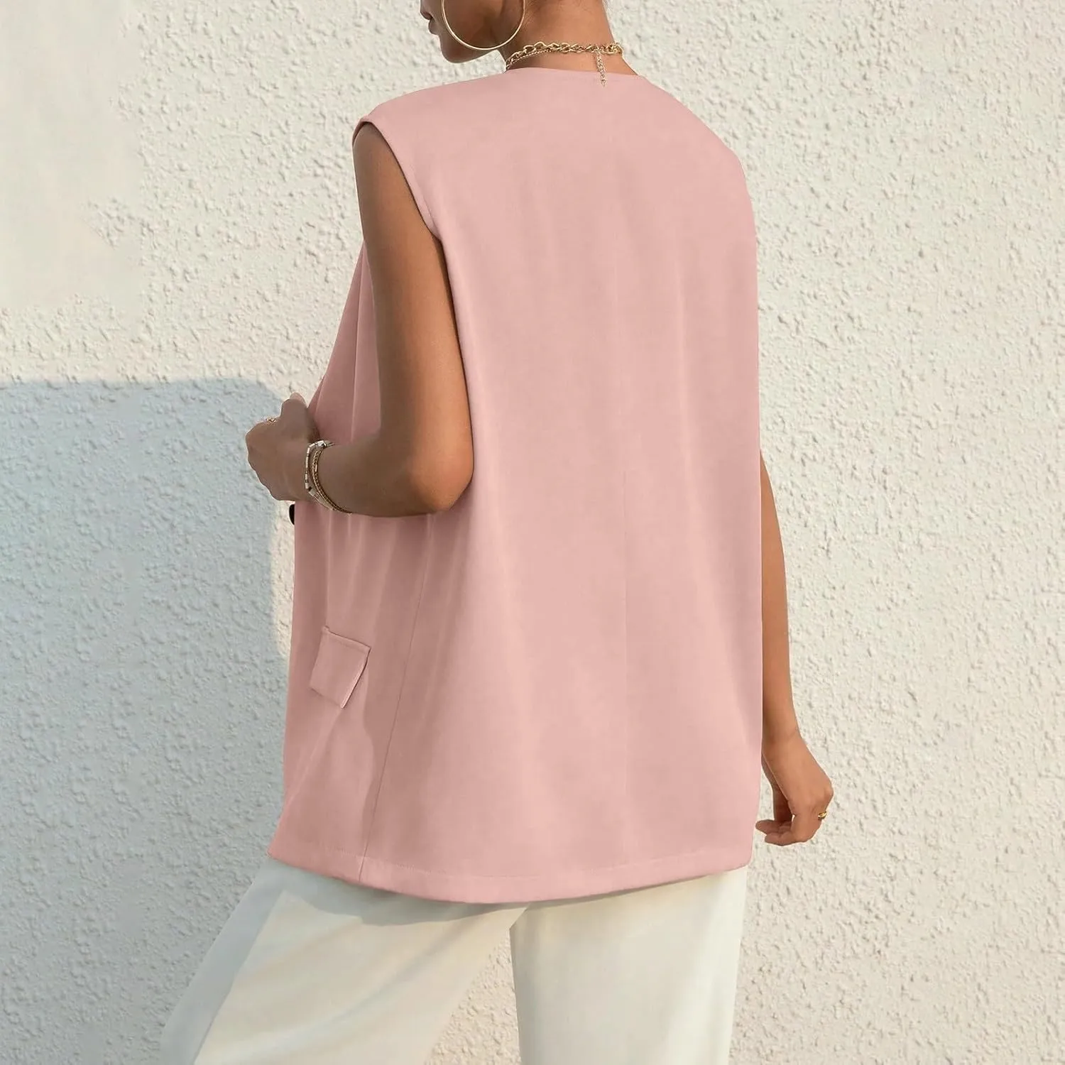 Women's Sleeveless Blazers Solid Color Open Front Blazer Vests Lapel Single Button Business Casual Jackets