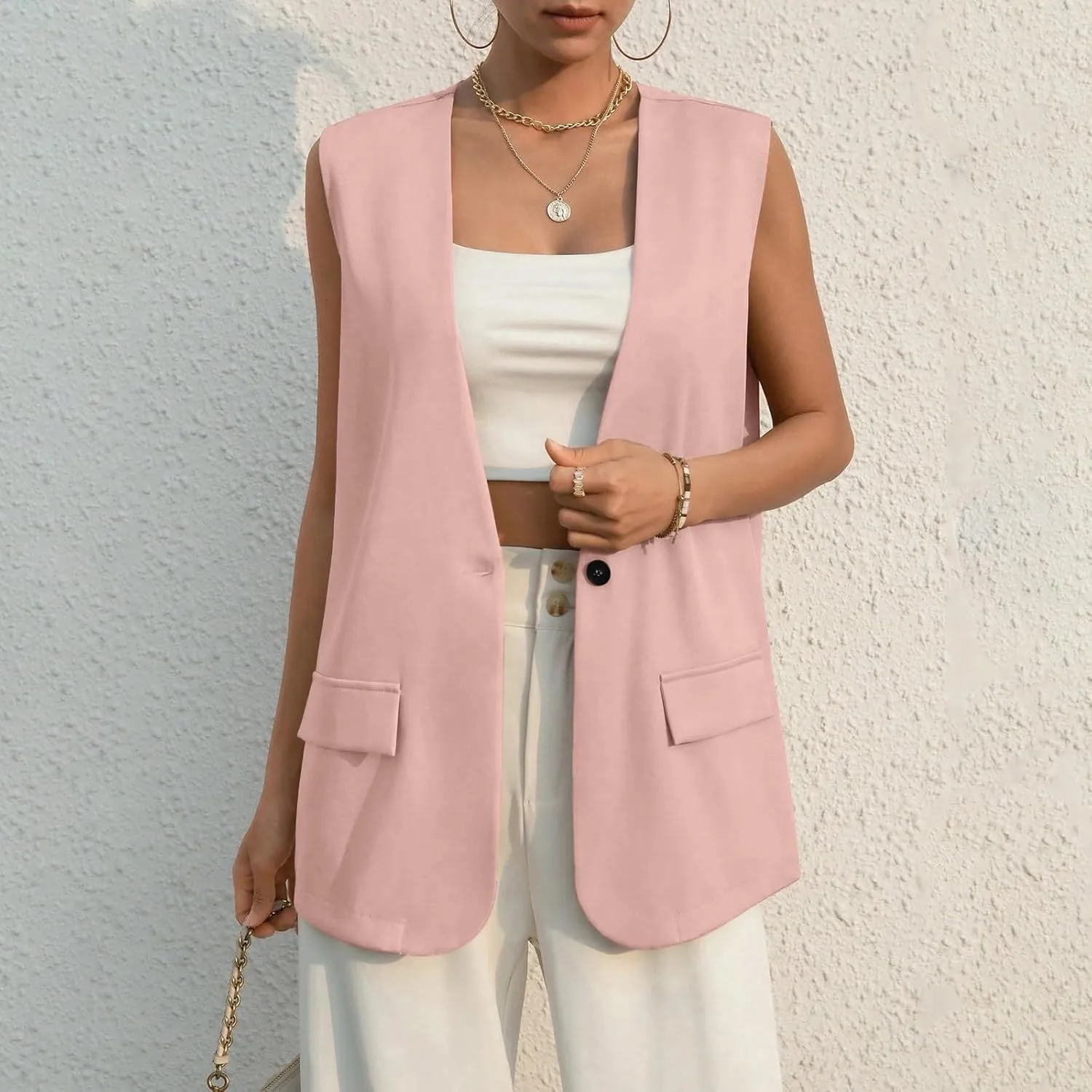 Women's Sleeveless Blazers Solid Color Open Front Blazer Vests Lapel Single Button Business Casual Jackets