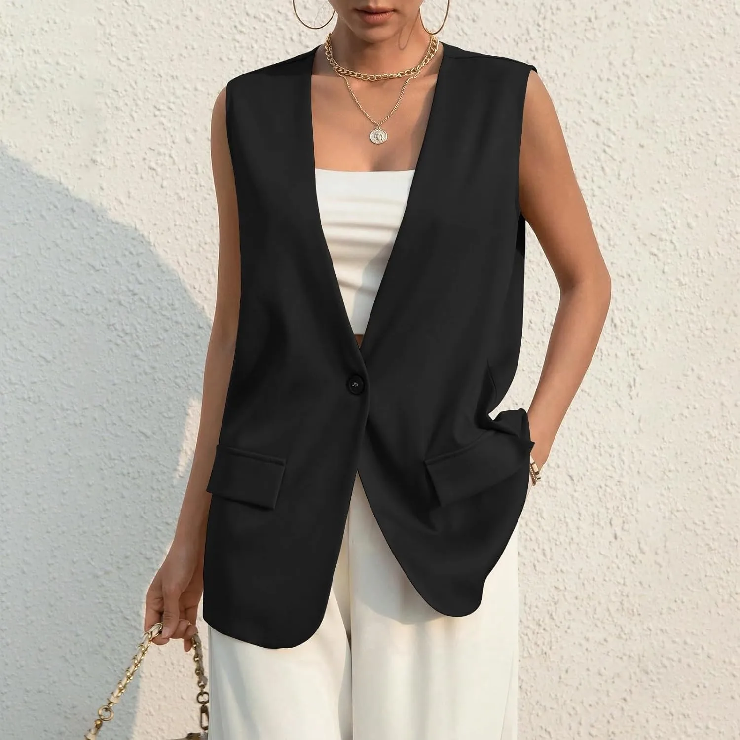 Women's Sleeveless Blazers Solid Color Open Front Blazer Vests Lapel Single Button Business Casual Jackets