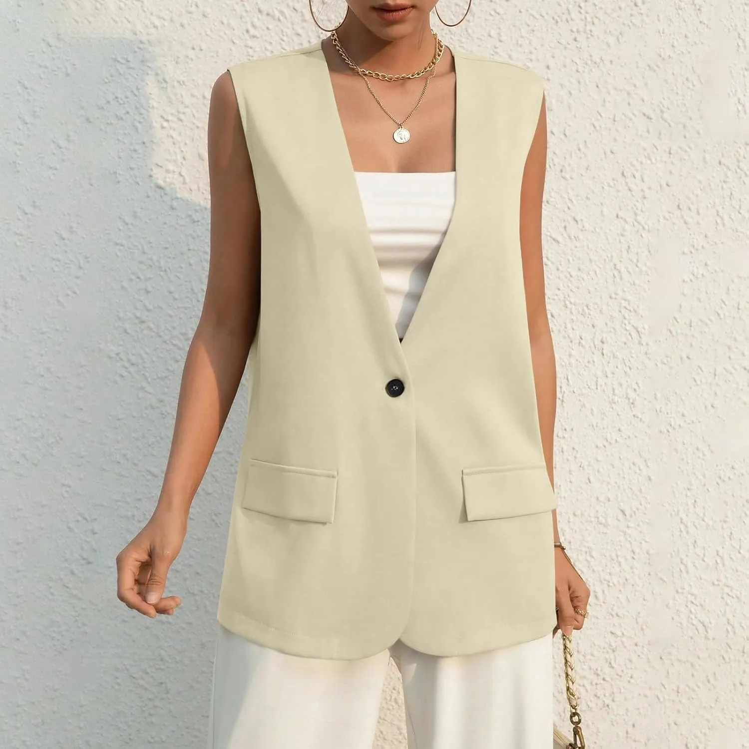 Women's Sleeveless Blazers Solid Color Open Front Blazer Vests Lapel Single Button Business Casual Jackets