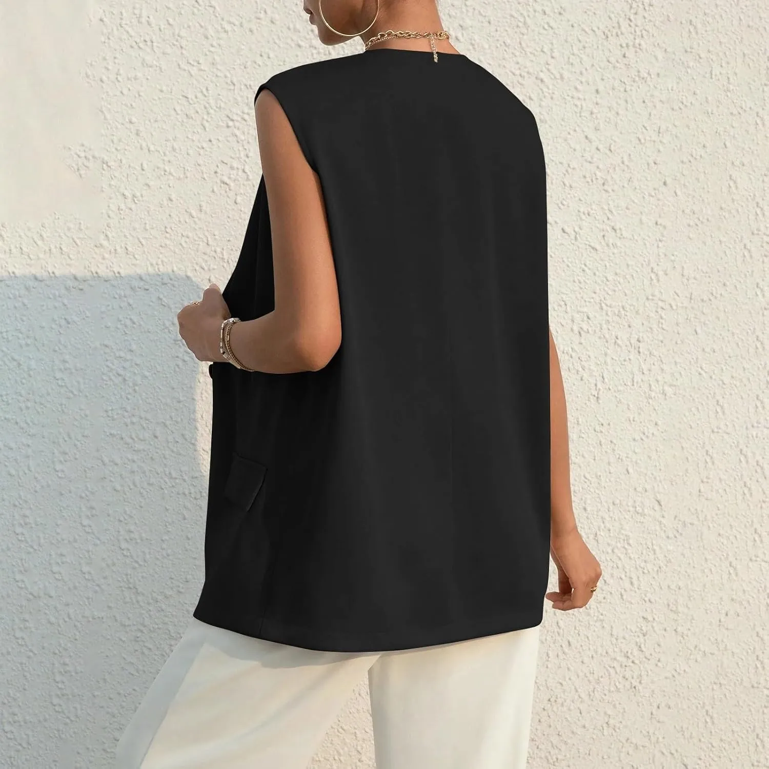Women's Sleeveless Blazers Solid Color Open Front Blazer Vests Lapel Single Button Business Casual Jackets