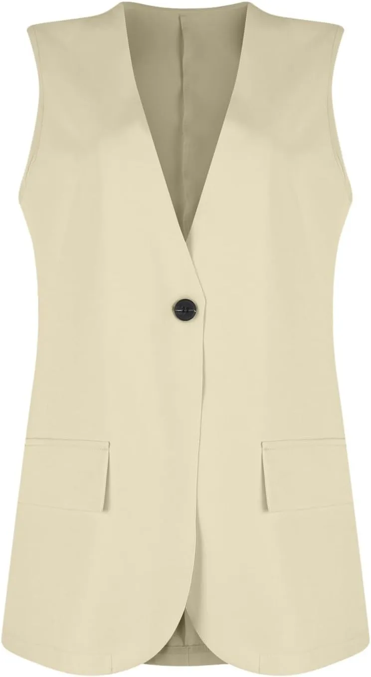Women's Sleeveless Blazers Solid Color Open Front Blazer Vests Lapel Single Button Business Casual Jackets